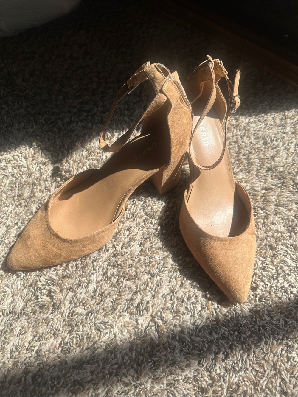Torrid Tan Suede Pointed Ankle-Strap Block Heel